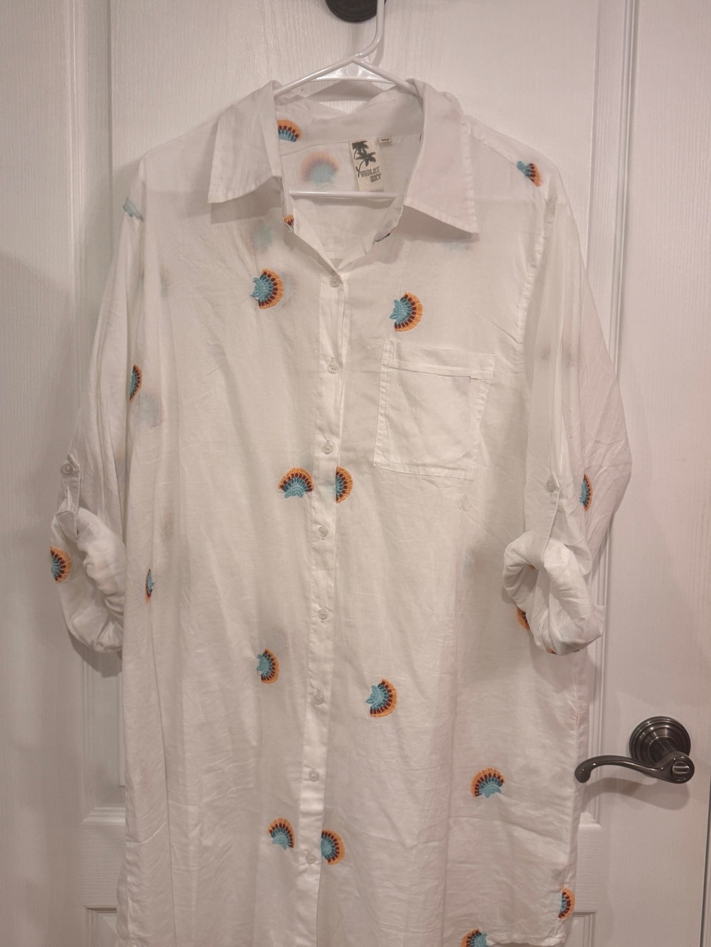 White Embroidered Longline Tunic Shirt - Tropical Stitch Detail